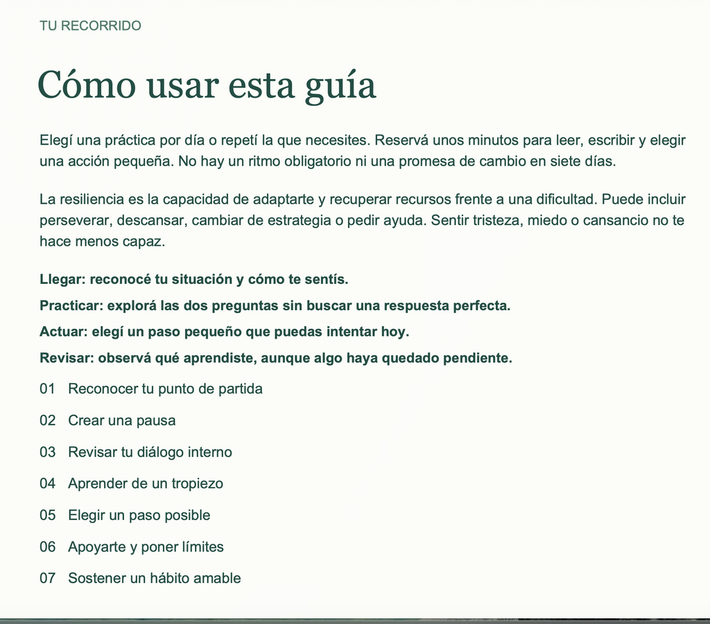 Página interior de Resiliencia Cotidiana en español: cómo usar la guía y recorrido de siete prácticas.