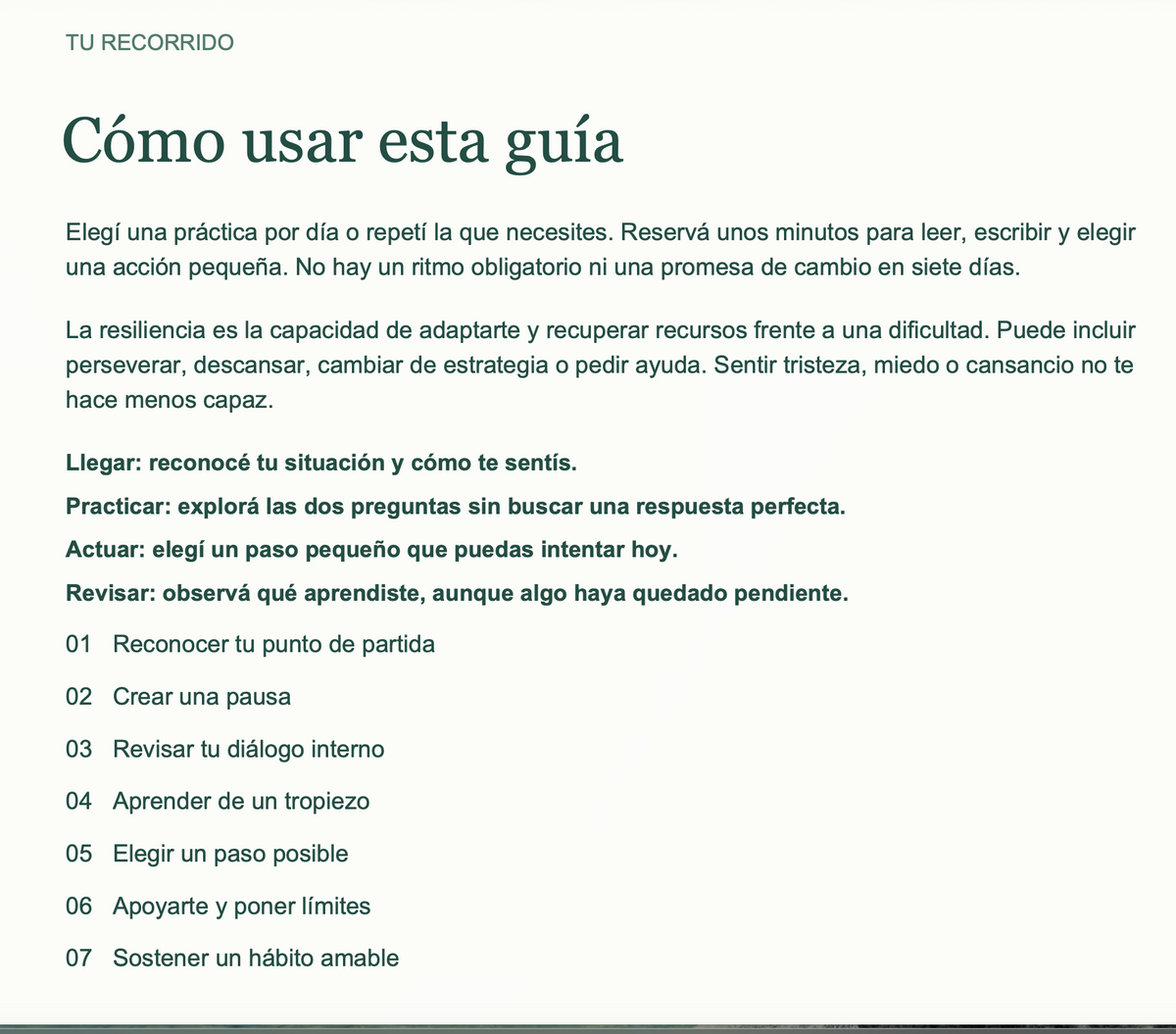Página interior de Resiliencia Cotidiana en español: cómo usar la guía y recorrido de siete prácticas.